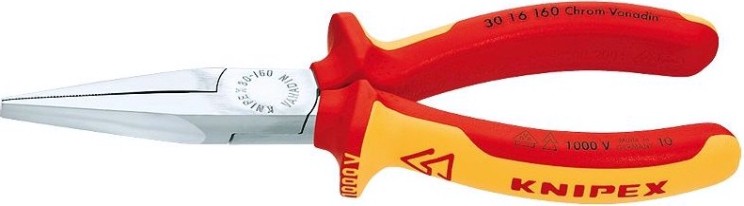 Длинногубцы диэлектрические KNIPEX 3016160 1000 V, 160 мм, с плоскими губками, зазватные губк [KN-3016160]