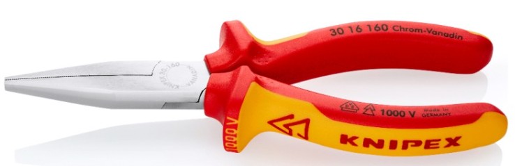 Длинногубцы KNIPEX KN-3016160SB VDE, плоские рифленные губки 46.5 мм, длина 160 мм