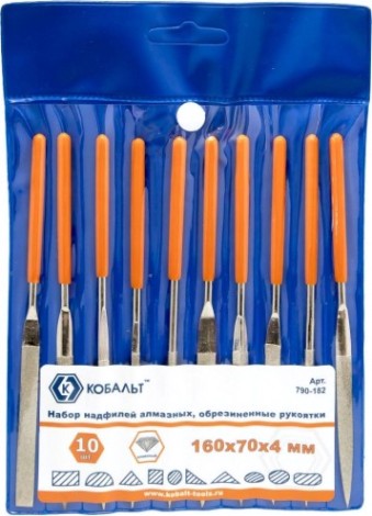 Набор надфилей алмазных Кобальт 790-182 160х70х4 мм, обрезиненные рукоятки (10 шт.)