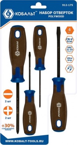 Набор отверток Кобальт 912-175 polywood, cr-v, древесно-полимерная рукоятки (4 шт