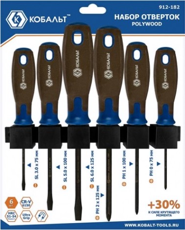 Набор отверток Кобальт 912-182 polywood, cr-v, древесно-полимерная рукоятки (6 шт