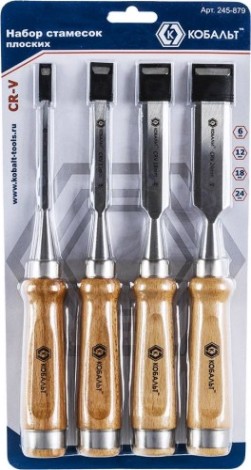 Набор стамесок Кобальт 245-879 плоских (6, 12, 18, 24х140 мм) cr-v, деревянная рукоятка [245-879]