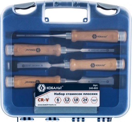 Набор стамесок Кобальт 245-893 плоских (6, 12, 18, 24х140 мм), cr-v, деревянная рукоятка [245-893]