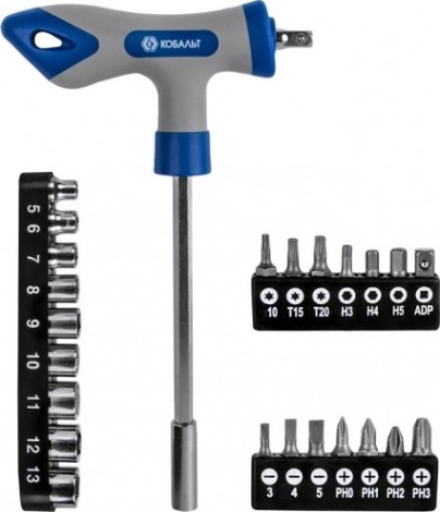 Отвертка с битами Кобальт 245-473 рукоятка т-образная с набором и торцевых головок 1