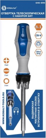 Отвертка с битами Кобальт 646-690 рукоятка ultra grip телескопическая, с набором cr-