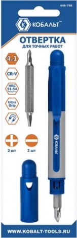Отвертка с битами Кобальт 646-706 рукоятка 4 в 1 с набором двусторонних для точных р