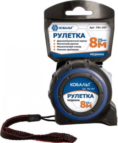 Рулетка Кобальт 791-257 медиана 8мx25мм двухкомпонентный корпус магн.