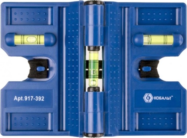 Уровень строительный Кобальт 917-392 угловой, 4 магнита, 3 глазка, пластиковый.